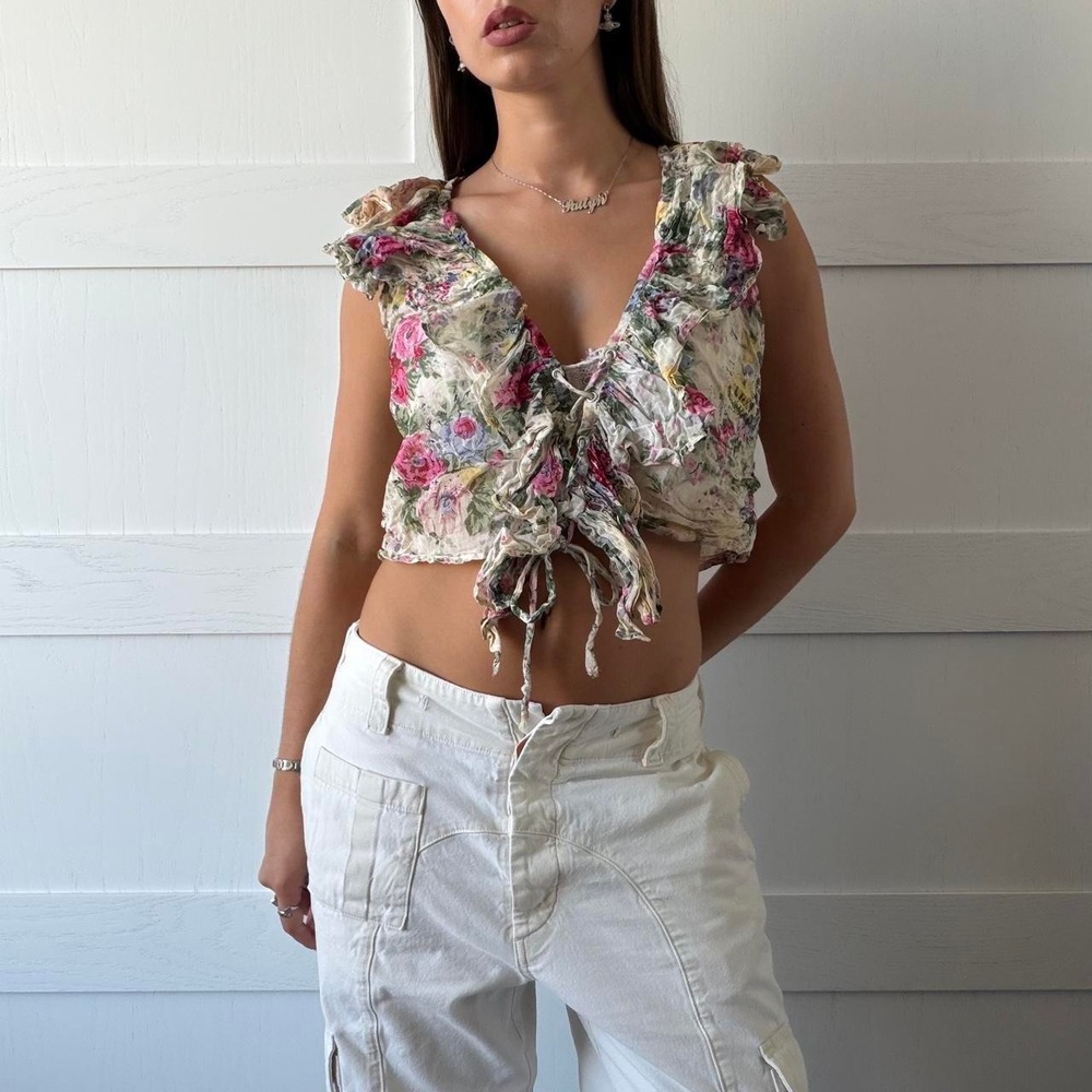 Vintage 2000s Floral Ruffle Tie Front Crop Top